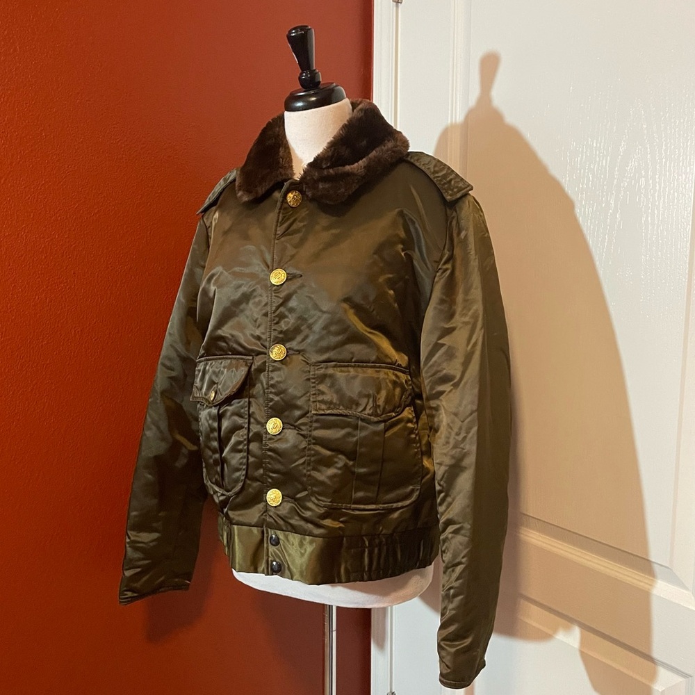 Horace Tuffy Jac Men’s Trooper Vintage Bomber Green Satin Faux Fur Collar Jacket